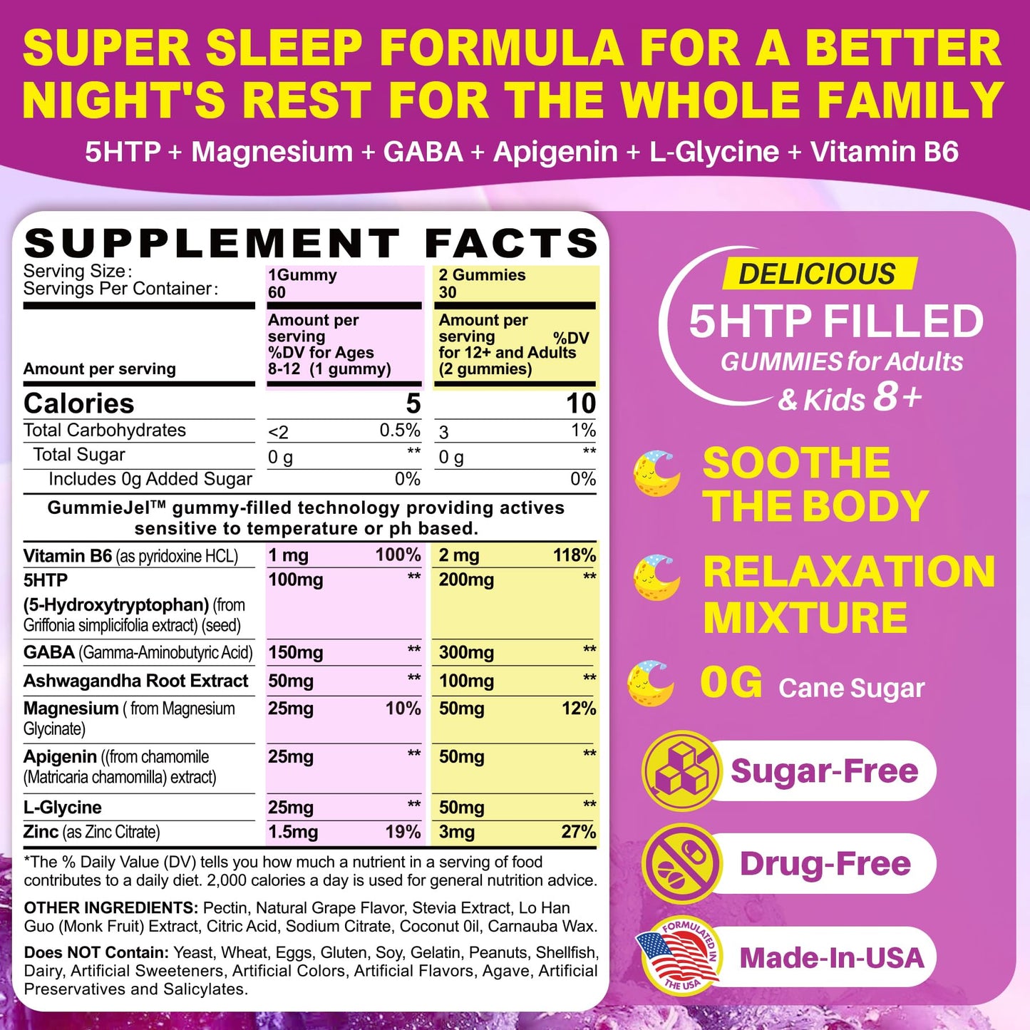5HTP Gummies for Adults & Kids 8+, Melatonin Free Gummies with Magnesium Glycinate, GABA, L-Glycine, Ashwagandha, Vitamin B6 for Delicious Zzzs, Brain & Muscle Relaxation, 0 Sugar 60 Count (Pack of 1)