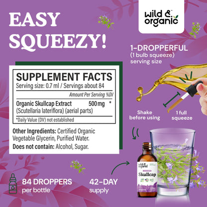 Wild & Organic Skullcap Herb Tincture - Skullcap Supplement for Mood Support - Relaxing Liquid Extract Drops - Vegan, Sugar & Alcohol-Free - 4 fl oz