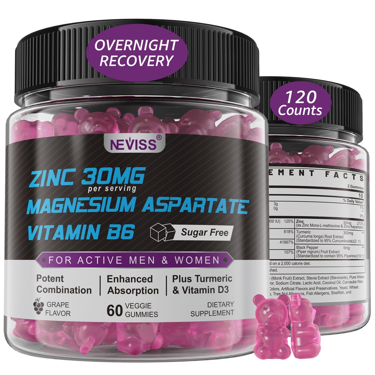 Zinc and Magnesium Supplement, Zinc Magnesium Aspartate Post Workout Gummies for Men Women, with Vitamin B6, B12, D3, Turmeric for Nighttime Recovery, Reduce Fatigue, Boost Immunity & Sleep, 120 Count