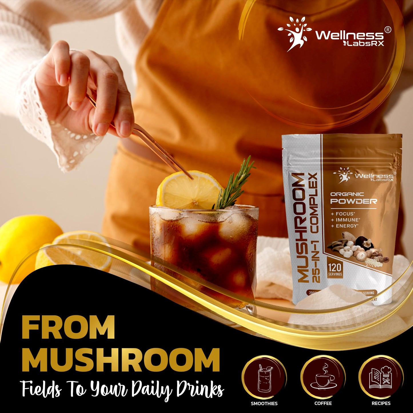 WELLNESS LABSRX Mushroom Powder, 25 in 1 Mushrooms Supplement - 2000mg, 25 Superfood Mishroom Lions Mane Powder with Chaga, Shiitake, Cordyceps, Reishi - Lion's Mane Mushroom - 120 Servings