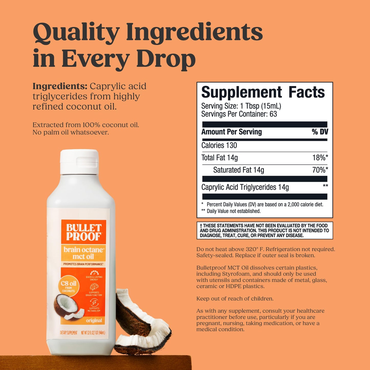 Bulletproof Brain Octane C8 MCT Oil, 16 oz – 100% Pure Coconut Oil, Triple-Distilled Keto Energy Supplement for Coffee & Smoothies, Unflavored, No Additives or Fillers, Non-GMO