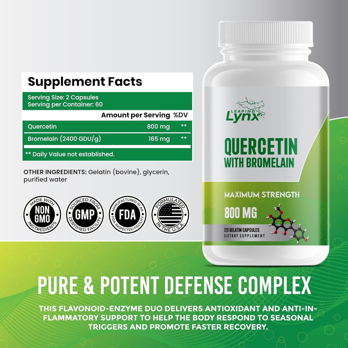 Leaping Lynx Quercetin with Bromelain – 800mg Quercetin + 165mg Bromelain | 120 Capsules (60-Day Supply) | Immune, Respiratory, and Seasonal Allergy Support | Antioxidant & Recovery Complex | Non-GMO