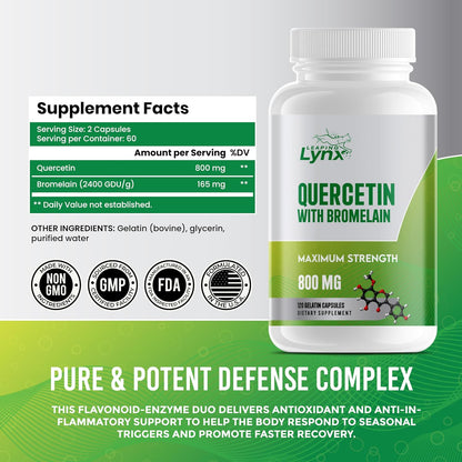 Leaping Lynx Quercetin with Bromelain – 800mg Quercetin + 165mg Bromelain | 120 Capsules (60-Day Supply) | Immune, Respiratory, and Seasonal Allergy Support | Antioxidant & Recovery Complex | Non-GMO