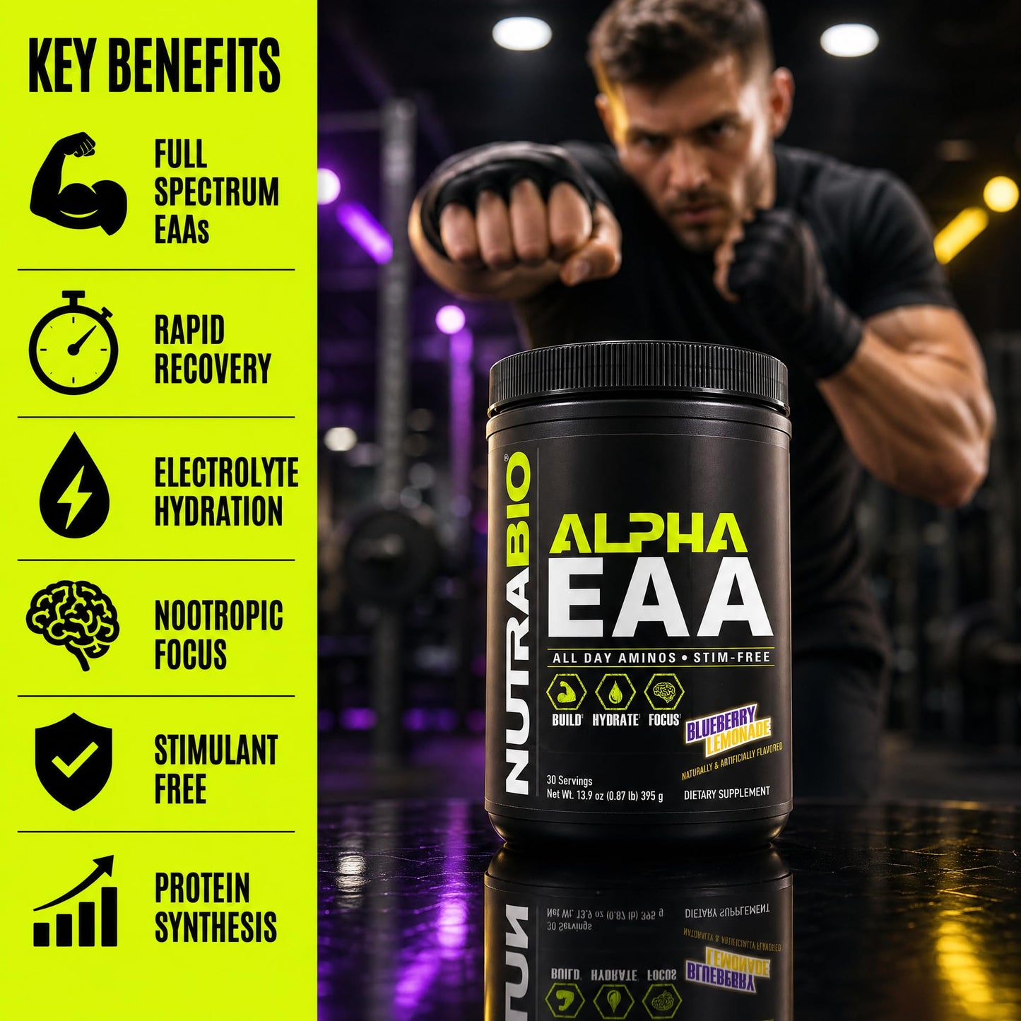 NutraBio Alpha EAA - All-Day Amino Acids for Muscle Growth and Hydration - Essential Amino Acids with Nootropics & Adaptogens- Full Spectrum EAA BCAA Powder - 30 Servings - Strawberry Lemon