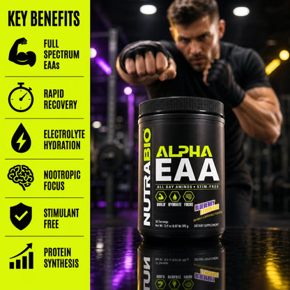 NutraBio Alpha EAA - All-Day Amino Acids for Muscle Growth and Hydration - Essential Amino Acids with Nootropics & Adaptogens- Full Spectrum EAA BCAA Powder - 30 Servings - Strawberry Lemon