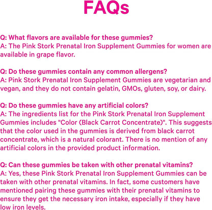 Pink Stork Prenatal Iron Supplement Gummies for Women - 20 mg with Vitamin C - Grape Chewable for Deficiency, Energy, & Blood Builder - 60 Gummy Chews