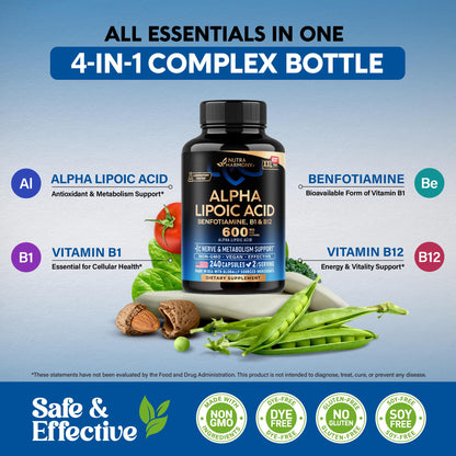 Alpha Lipoic Acid 600mg - ALA Supplement Antioxidant for Nerve, Energy & Metabolism Support - Extra Strength with Benfotiamine, B1 & B12 - Lab Tested, NON-GMO & Vegan - 120 Capsules, 2 Month Supply