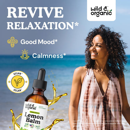Wild & Organic Lemon Balm Tincture - Good Mood Support - Melissa Lemon Balm Extract Drops - Add to Tea for Relaxation - Vegan, Sugar & Alcohol-Free Leaf Supplement - 4 fl oz
