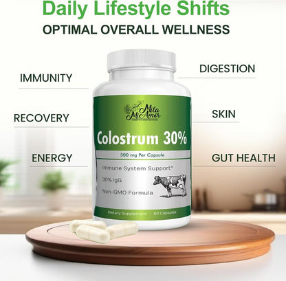 Mila Miamor Bovine Colostrum Supplement 500mg Per Capsule, 30% IgG - Gut Health, Immune Support and Digesitive Wellness - Non-GMO, Third-Party Tested, Made in USA - 60 Capsules