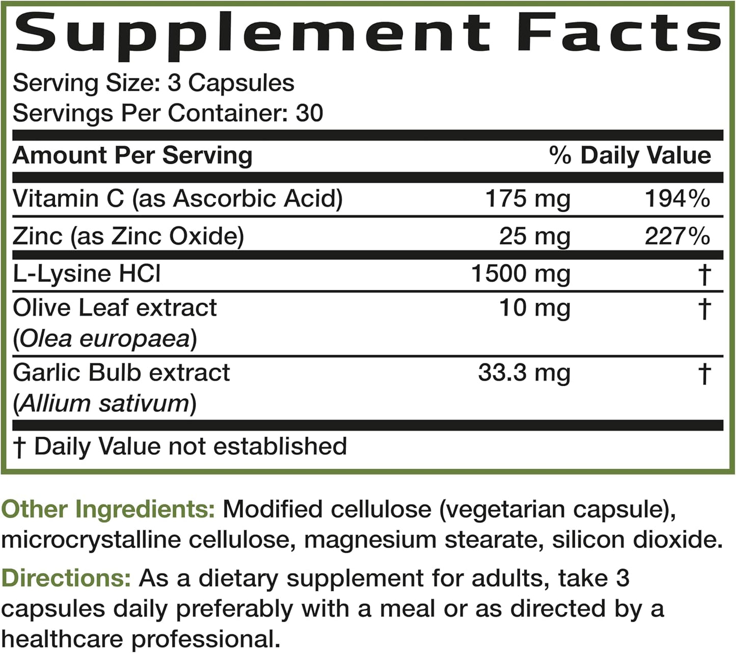 Bronson L-Lysine Defense Immune Support Complex, 1500 mg, 90 Capsules | Essential Amino Acid with Olive Leaf, Garlic, Vitamin C & Zinc, Vegetarian, Non-GMO, Gluten-Free & Soy-Free