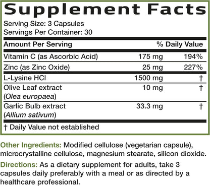 Bronson L-Lysine Defense Immune Support Complex, 1500 mg, 90 Capsules | Essential Amino Acid with Olive Leaf, Garlic, Vitamin C & Zinc, Vegetarian, Non-GMO, Gluten-Free & Soy-Free