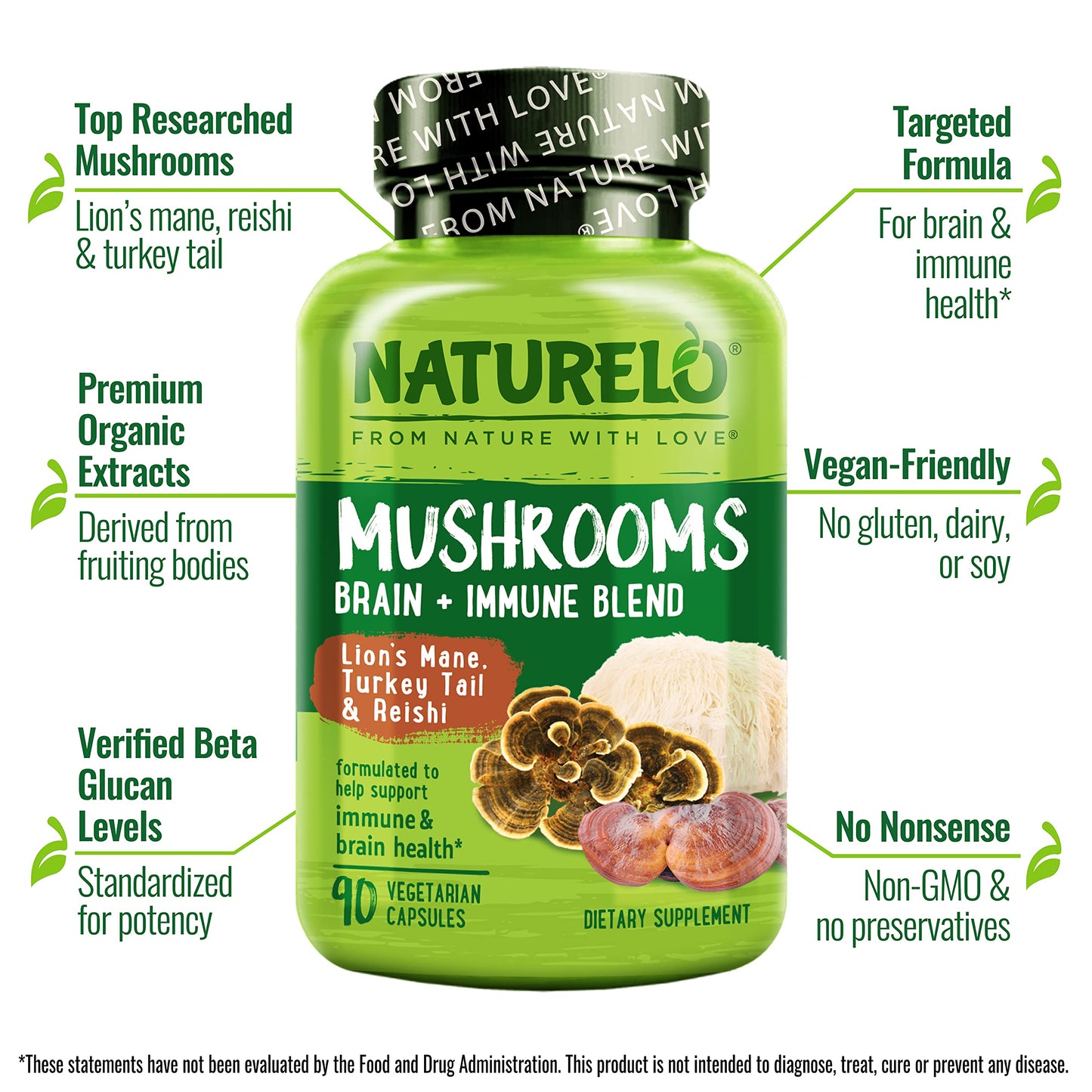 NATURELO Mushroom Supplement Capsules, 90 Ct, Brain & Immune Support, Vegan-Friendly, Lions Mane Supplement Capsules, Lion’s Mane, Reishi, Turkey Tail Blend
