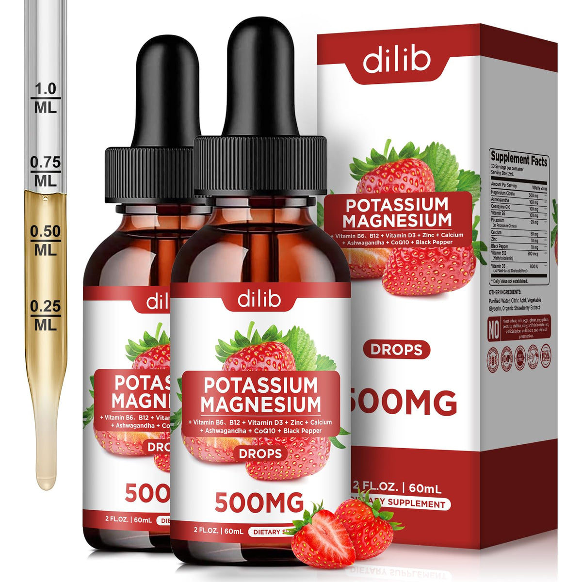 Potassium Magnesium Citrate Supplement, Liquid Magnesium Citrate Drops 500mg 