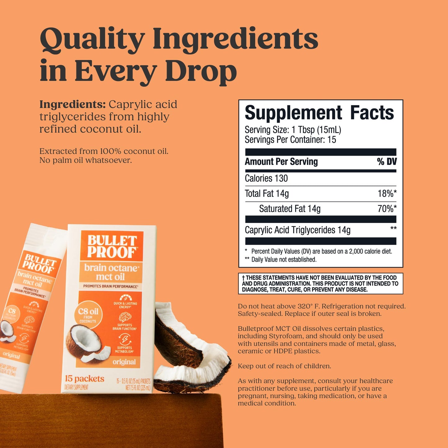 Bulletproof Brain Octane C8 MCT Oil, 16 oz – 100% Pure Coconut Oil, Triple-Distilled Keto Energy Supplement for Coffee & Smoothies, Unflavored, No Additives or Fillers, Non-GMO