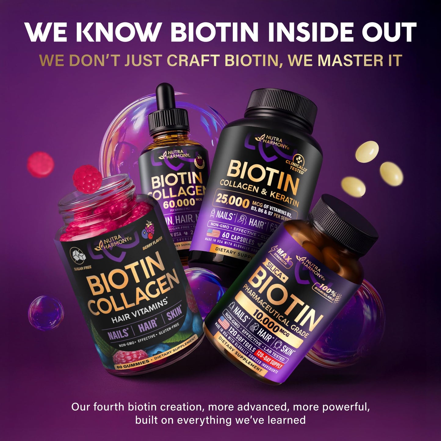 Biotin Gummies with Collagen - Hair Growth Support, Skin, & Nail Strength - for Women & Men - Biotin 10000mcg | Keratin | Hyaluronic Acid | B-Complex | Nettle - Sugar-Free, Mixed Berry, 60 Gummies