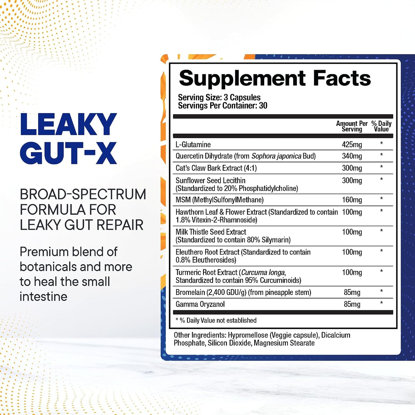 BioMatrix Leaky Gut Repair Supplement w/Glutamine, Quercetin, Cat's Claw, MSM, SIBO, Prebiotic Support, Intestinal Barrier Revive for Men and Women | 60-Day Supply – Leaky Gut-X
