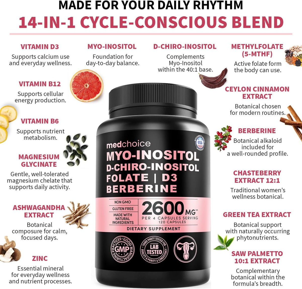 MEDCHOICE Methyl B Complex Capsules and Women’s Inositol Complex Supplement - 40:1 Myo & D-Chiro Inositol with Folate, D3, Berberine and Zinc for Feminine Wellness Support