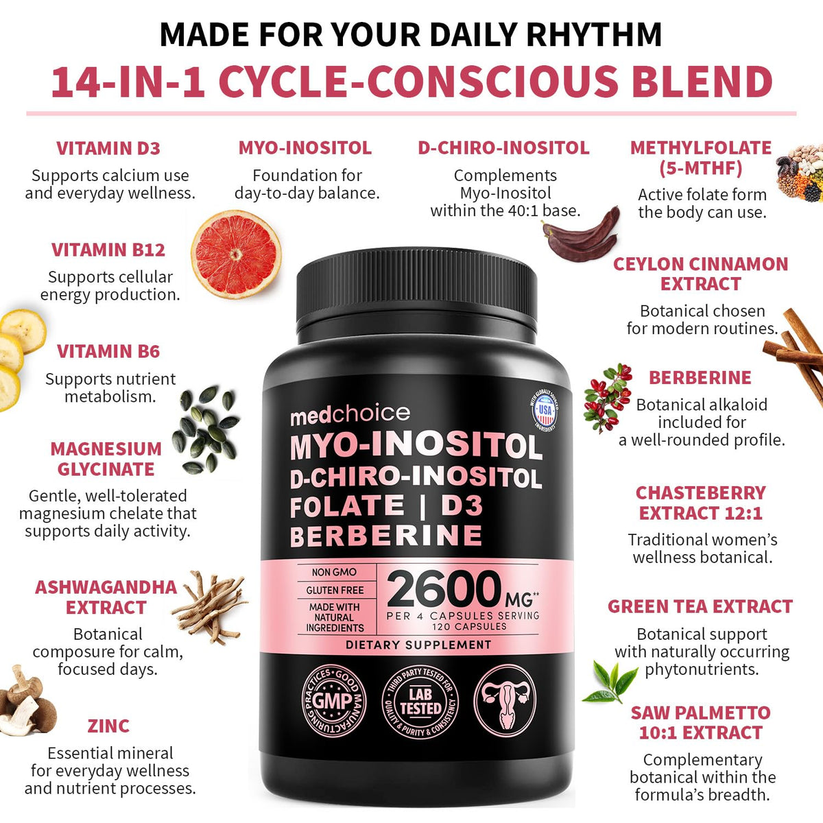 MEDCHOICE Myo-Inositol 40:1 Supplement with Folate, Vitamin D3, 120 ct
