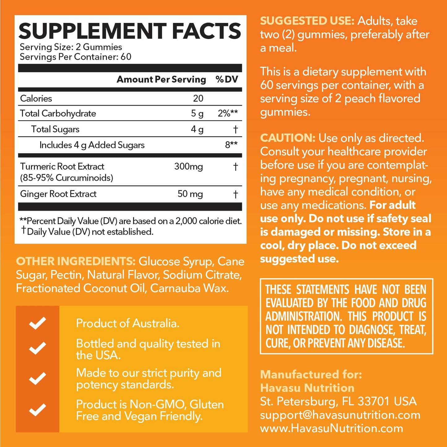 Turmeric Gummies, Peach, 60ct, Digestive & Immune Support for Wellness | Turmeric Gummies with Ginger Root Extract, Digestive Health & Immune Support for Overall Wellness, 1 Month Supply