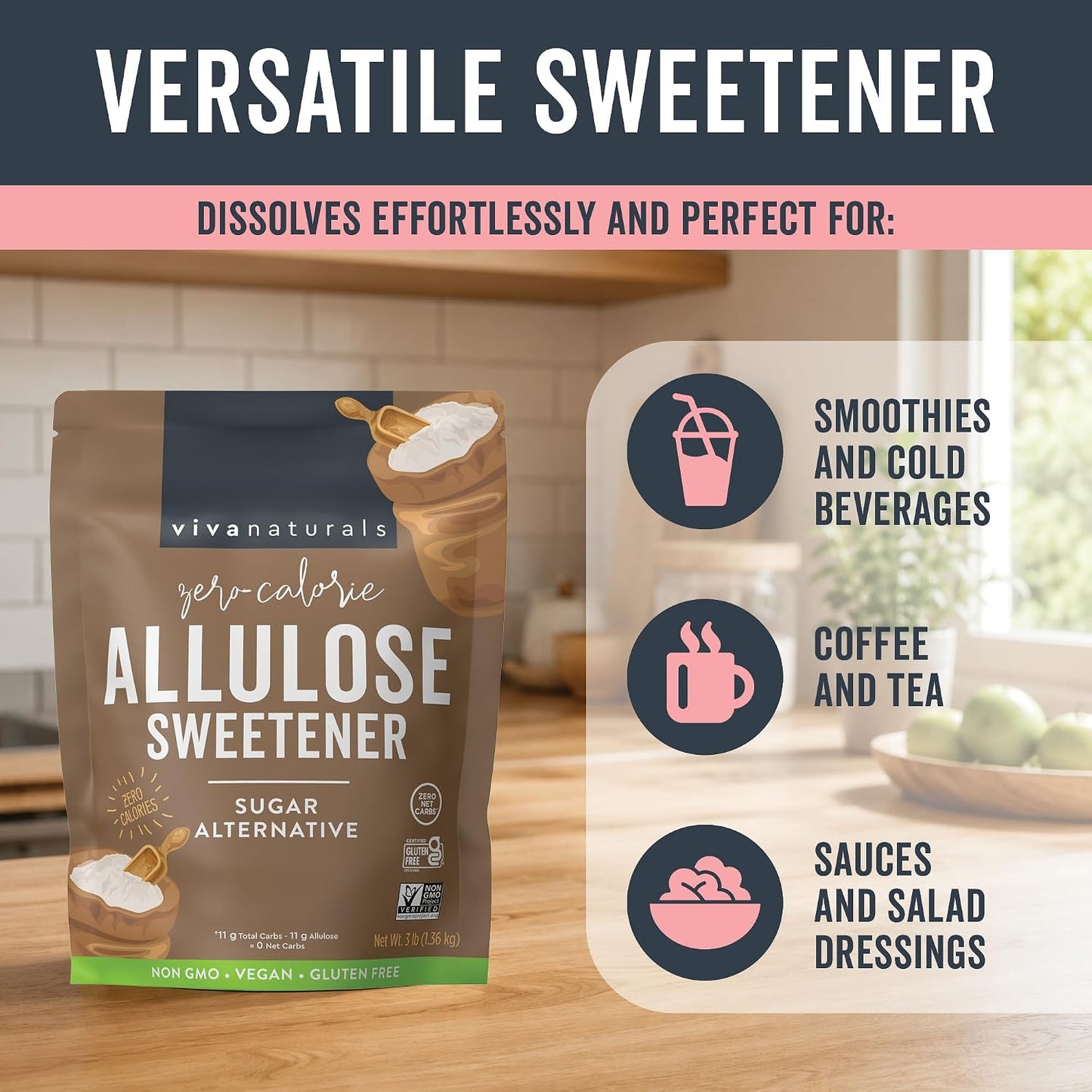 Viva Naturals Allulose Sweetener, 3 lb – Zero Calorie Sugar Alternative, Clean Sweet Taste, No Aftertaste, Ideal for Baking & Sweetening, Keto Friendly, Non-GMO