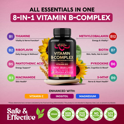 Vitamin B Complex for Men & Women - Made in USA - 11-in-1 B-Complex: B1, B2, B3, B5, B6, B7, B8, B9, B12 with Vitamin C, Choline, Inositol - Energy, Brain & Heart Support Supplement, 60 Vegan Capsules