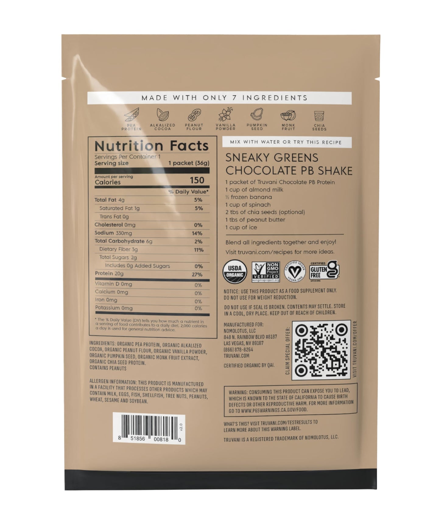 Truvani Organic Plant Based Protein Powder | Vanilla | 1 Serving | Vegan | 20g Pea Protein | Keto | Gluten & Dairy Free | Low Carb | No Added Sugar