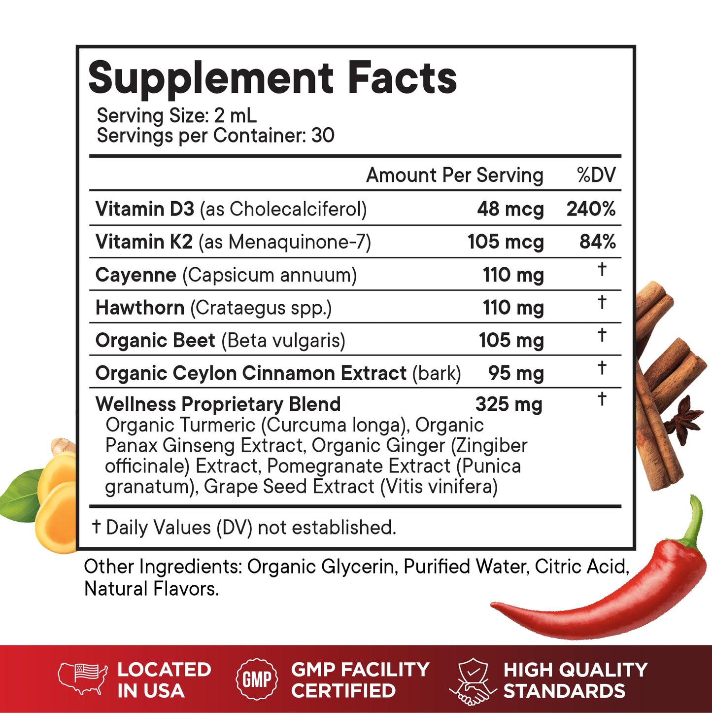 Cayenne Pepper Supplement Liquid Drops + Hawthorn Berry, Vitamin D3 K2 Beet Root Powder, Ceylon Cinnamon, Turmeric Curcumin, Organic Panax Ginseng - 4 OZ