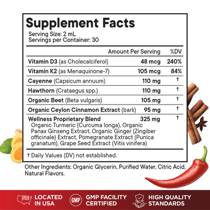 Cayenne Pepper Supplement Liquid Drops + Hawthorn Berry, Vitamin D3 K2 Beet Root Powder, Ceylon Cinnamon, Turmeric Curcumin, Organic Panax Ginseng - 4 OZ