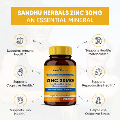 Sandhu Herbals Zinc 30 mg and Organic Turmeric Curcumin with Bioperine Black Pepper Extract | Supports Healthy Skin, Immune System, Joint & Healthy Inflammatory Support | Non-GMO, Made in USA