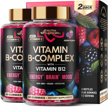 Vitamin B-Complex Gummies for Women & Men - Vitamin B12, B1, B2, B3, B5, B6, B7 & B9 - B Complex with Vitamin C & Choline - Energy, Brain & Mood - Natural Berry Flavor, Vegan - 60 Gummies for 2 Months