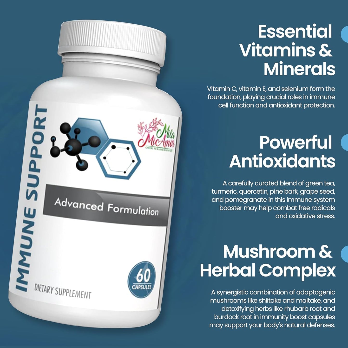 Mila Miamor Immune Support Supplement with Vitamins C, E, Minerals & Herbal Complex – Antioxidant & Detox Support – 60 Capsules for Year-Round Immunity
