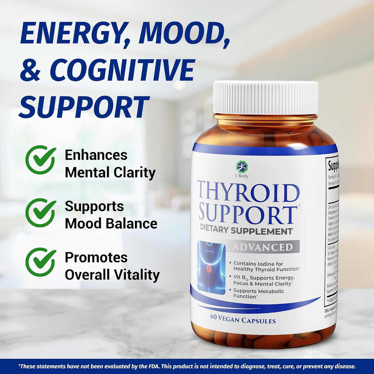 1 Body Thyroid Support Supplement + 60 Billion Probiotics for Men & Women