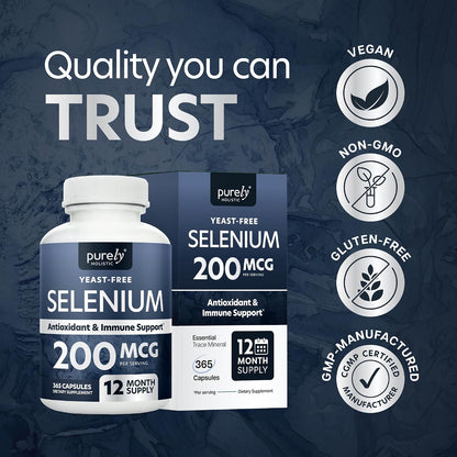 Selenium 200mcg Capsules, 1 Year Supply, Yeast-Free Selenomethionine, Vegan | Immune Antioxidant and Thyroid Health Support, Selenium Supplements for Women and Men, Gluten-Free & Non-GMO, 365 Capsules