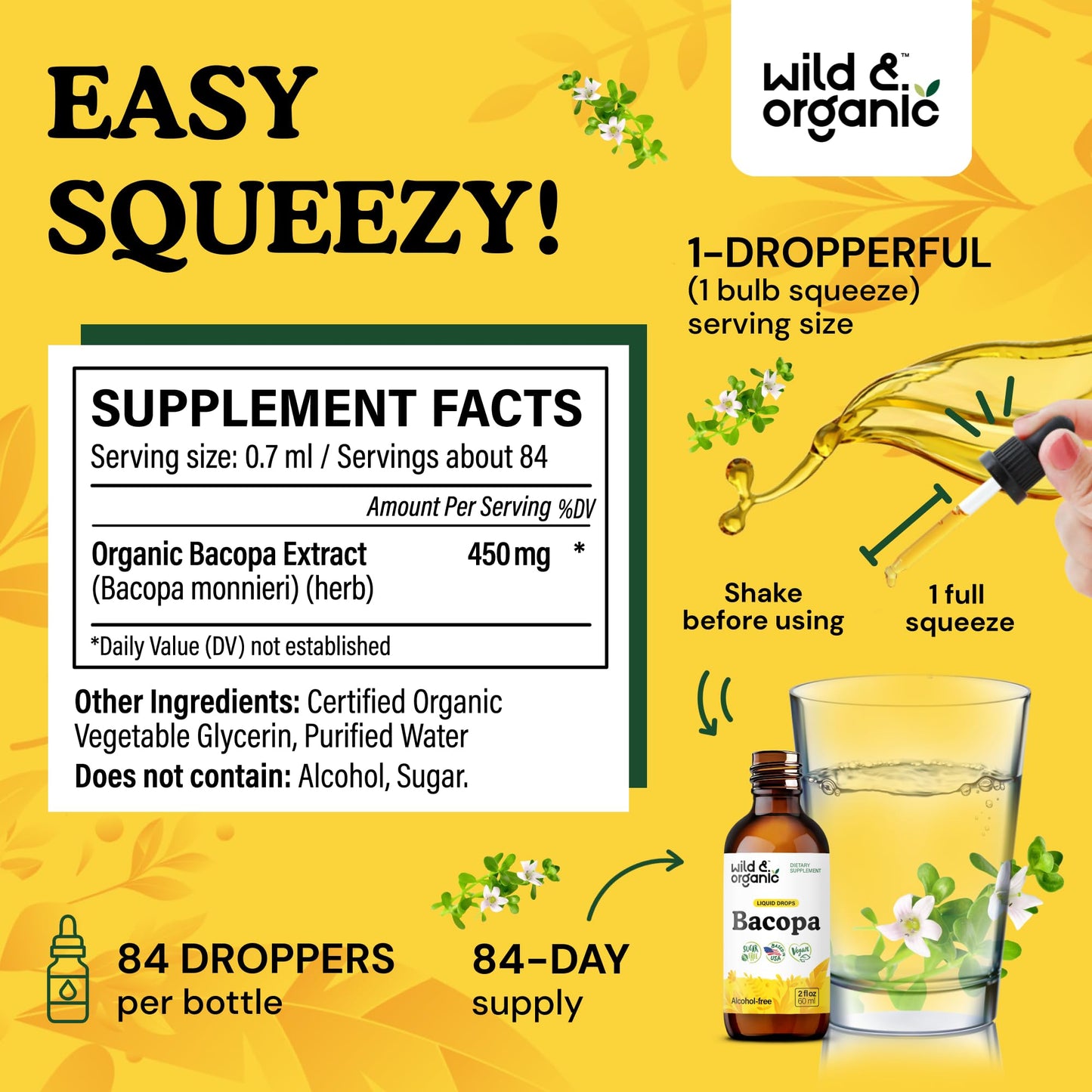 Wild & Organic Bacopa Monnieri Supplement - Brain & Focus Support - Bacopa Extract Liquid Drops - Brahmi Herb Tincture to Add to Tea - 5-Month Supply - Vegan, Sugar & Alcohol-Free - 4 fl oz