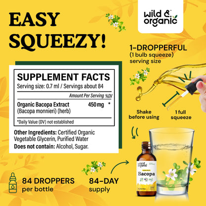 Wild & Organic Bacopa Monnieri Supplement - Brain & Focus Support - Bacopa Extract Liquid Drops - Brahmi Herb Tincture to Add to Tea - 5-Month Supply - Vegan, Sugar & Alcohol-Free - 4 fl oz