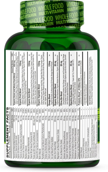 Wholesome Wellness Whole Food Multivitamin for Men - Natural Multi Vitamins, Minerals, Organic Extracts - Vegan Vegetarian - 120 Tablets