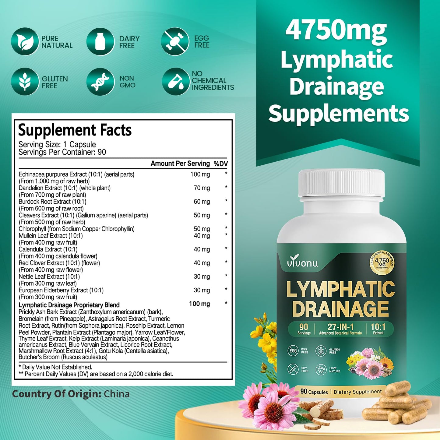 VivoNu 27-in-1 Liposome Lymphatic Drainage Supplements, 90 Day Supply with Echinacea, Chlorophyll, Dandelion, Burdock, Mullein Leaf Extract for Lungs, 10:1 Concentrated Technology, 90 Capsules