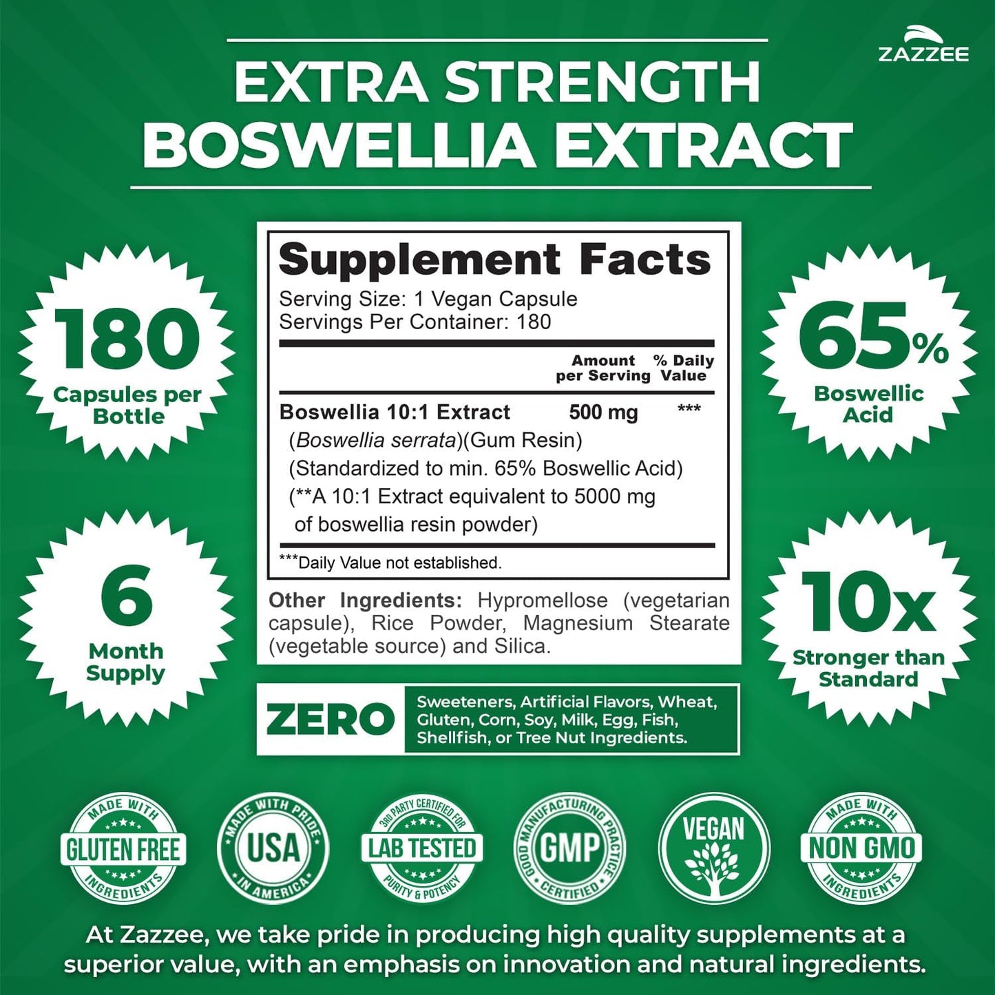 Zazzee Extra Strength Boswellia 10:1 Extract, 65% Boswellic Acid, 180 Vegan Capsules, 6 Month Supply, Boswellia Serrata, Joint Comfort, Mobility & Flexibility Support, Non-GMO, Made in the USA