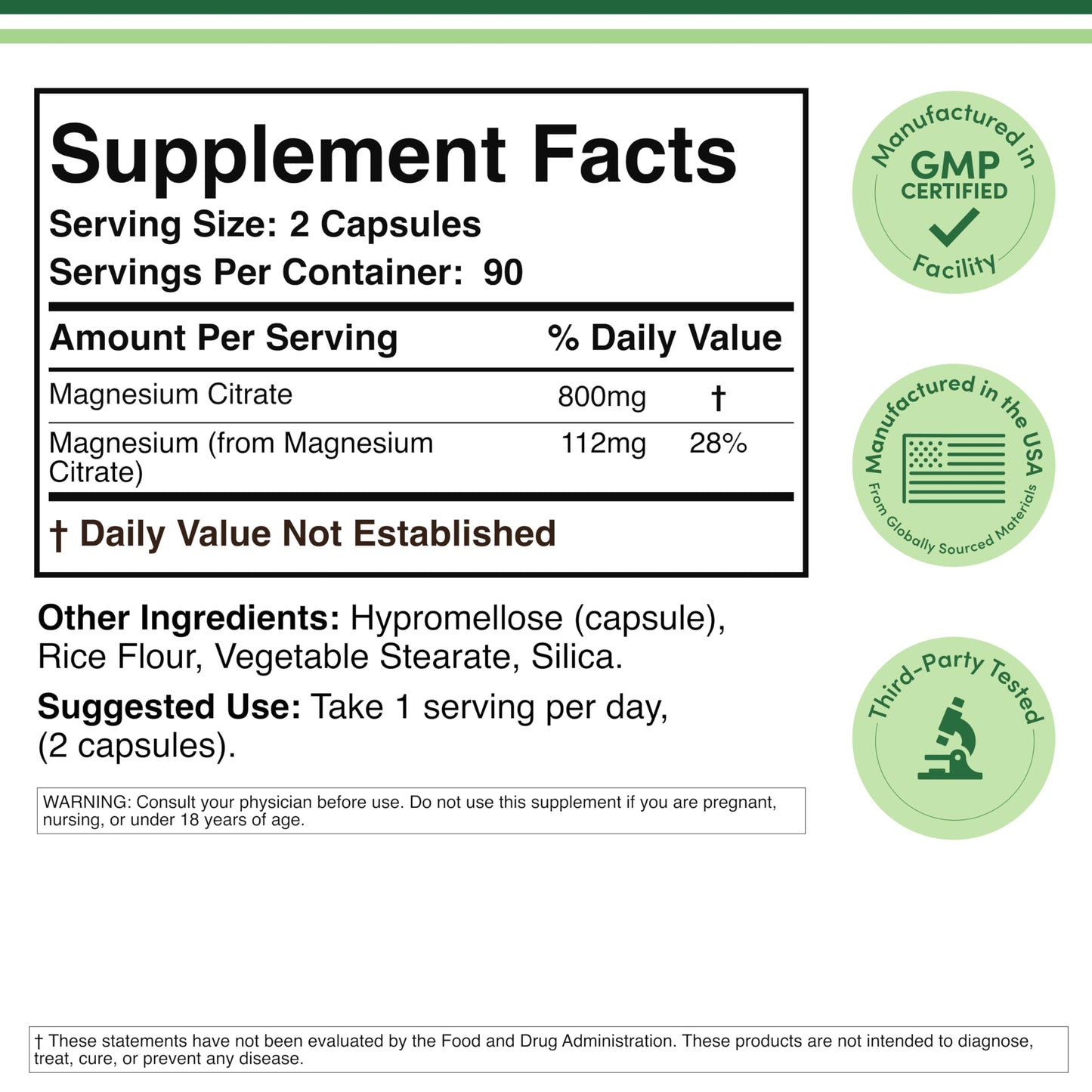 Magnesium Citrate 800mg, 180 Capsules, Digestion & Constipation Support, Vegan Safe, Non-GMO, Double Wood Supplements