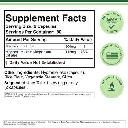 Magnesium Citrate 800mg, 180 Capsules, Digestion & Constipation Support, Vegan Safe, Non-GMO, Double Wood Supplements