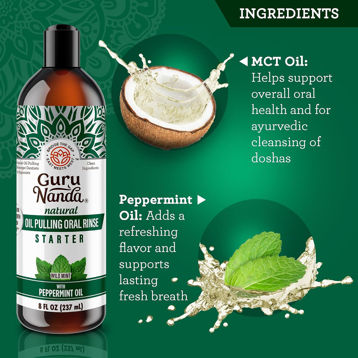 GuruNanda Starter Coconut Oil Pulling Mouthwash with Peppermint Oil, 8oz