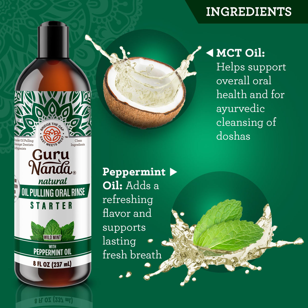 GuruNanda Starter Coconut Oil Pulling Mouthwash with Peppermint Oil, 8oz