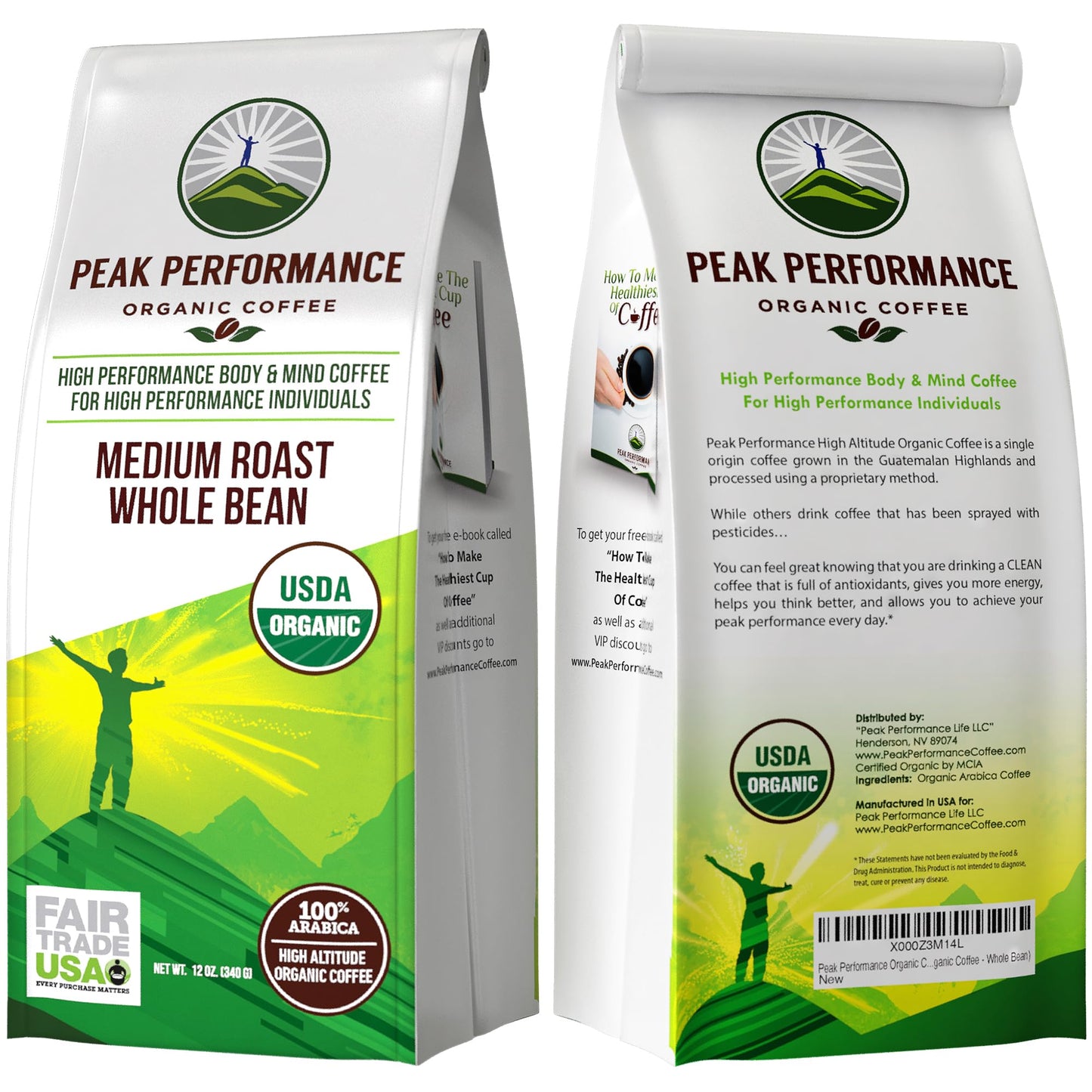 Peak Performance High Altitude Organic Coffee - Fair Trade, Low Acid, Non GMO, and Beans Full of Antioxidants - Medium Roast Smooth Tasting USDA Certified Organic Ground Coffee Bag 12 oz