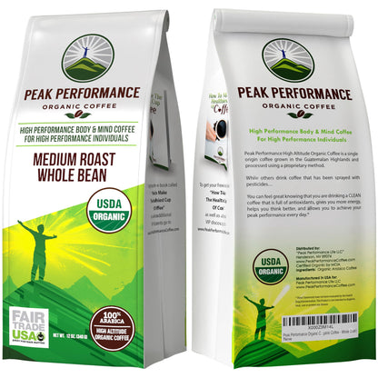 Peak Performance High Altitude Organic Coffee - Fair Trade, Low Acid, Non GMO, and Beans Full of Antioxidants - Medium Roast Smooth Tasting USDA Certified Organic Ground Coffee Bag 12 oz