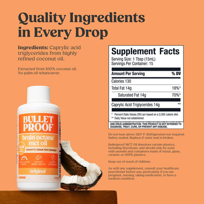 Bulletproof Brain Octane C8 MCT Oil, 16 oz – 100% Pure Coconut Oil, Triple-Distilled Keto Energy Supplement for Coffee & Smoothies, Unflavored, No Additives or Fillers, Non-GMO