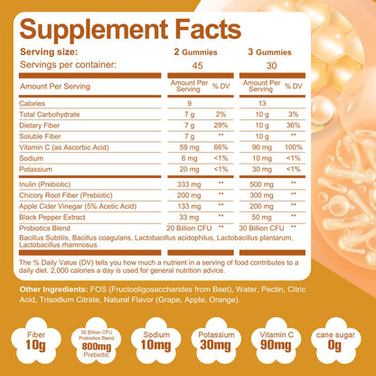Migcopat 10G Fiber Gummies with Probiotics, Fiber Supplement with 30 Billion CFU Probiotics Blend, ACV, Vitamin C, Inulin - Support Digestive Health - No Sugar Added - Fruit Flavored - 90 Count