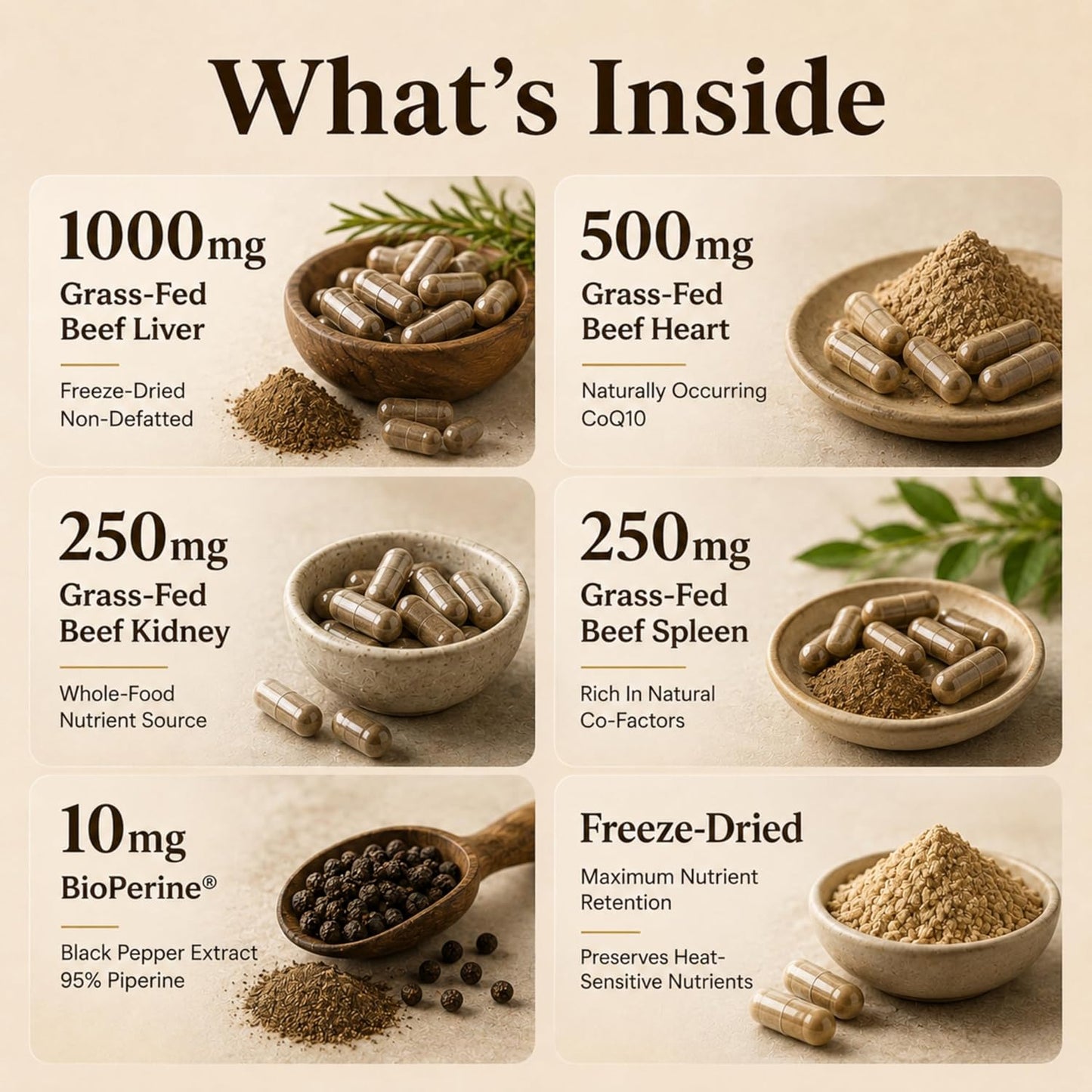 Grass-Fed Beef Organs Complex, Freeze-Dried Liver Heart Kidney Spleen Capsules with BioPerine, Beef Organ Supplement for Women and Men, 100% Pasture-Raised, GMO Free, 120 Count