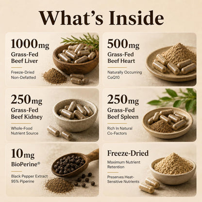Grass-Fed Beef Organs Complex, Freeze-Dried Liver Heart Kidney Spleen Capsules with BioPerine, Beef Organ Supplement for Women and Men, 100% Pasture-Raised, GMO Free, 120 Count