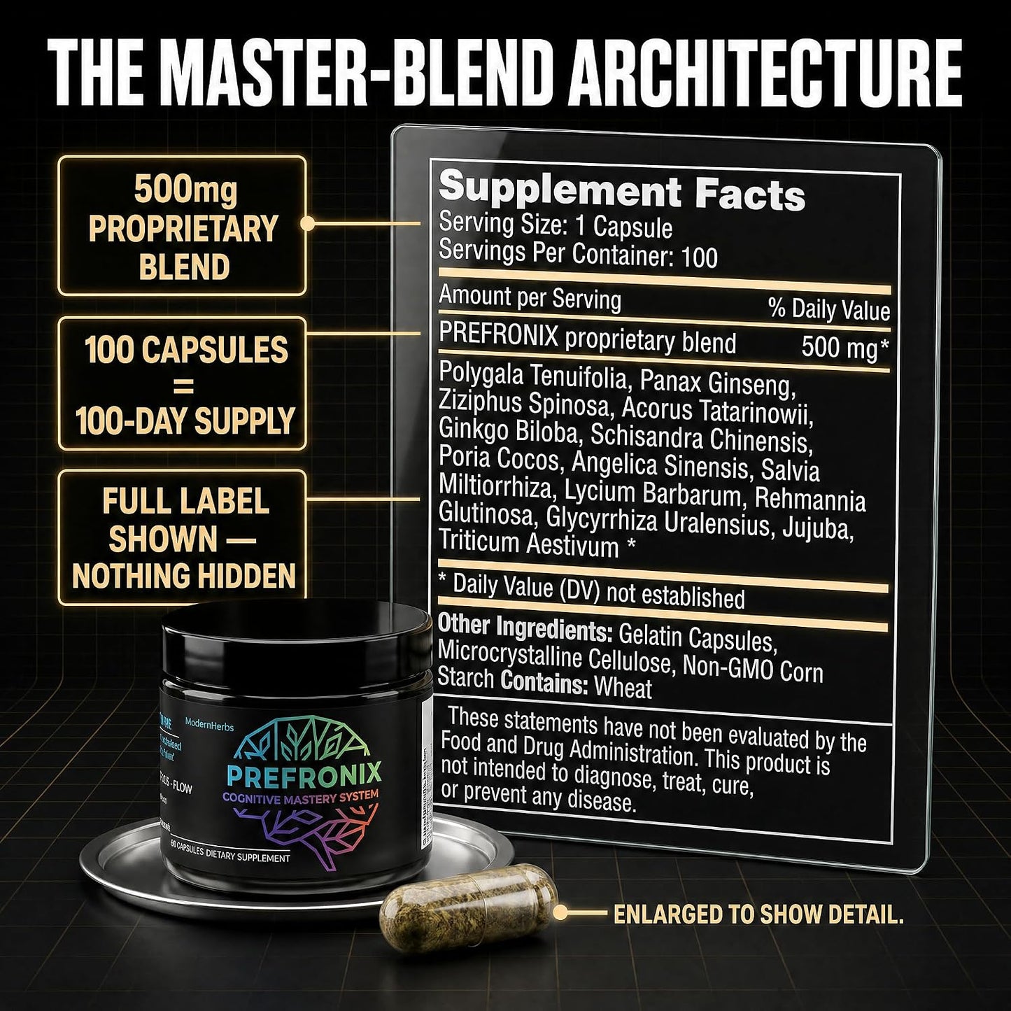 Prefronix Nootropic Brain Supplement, Ginkgo Biloba, Memory & Cognitive | 100-Day Supply; Caffeine-Free Daily Focus; 14 Botanicals for Men, Women and Seniors; GMP-Certified Quality