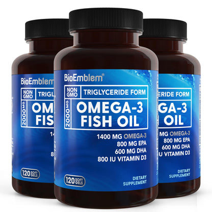 BioEmblem Omega-3 Fish Oil 2000mg Per Serving - Small Size Softgels, High Absorption Form, Sustainable - EPA &DHA Plus Vitamin D3, Non-GMO, Heart, Joint, & Brain Health Fish Oil Supplement, 360 Ct